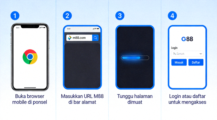 Ilustrasi langkah-langkah mengakses M88 melalui browser mobile di ponsel pintar