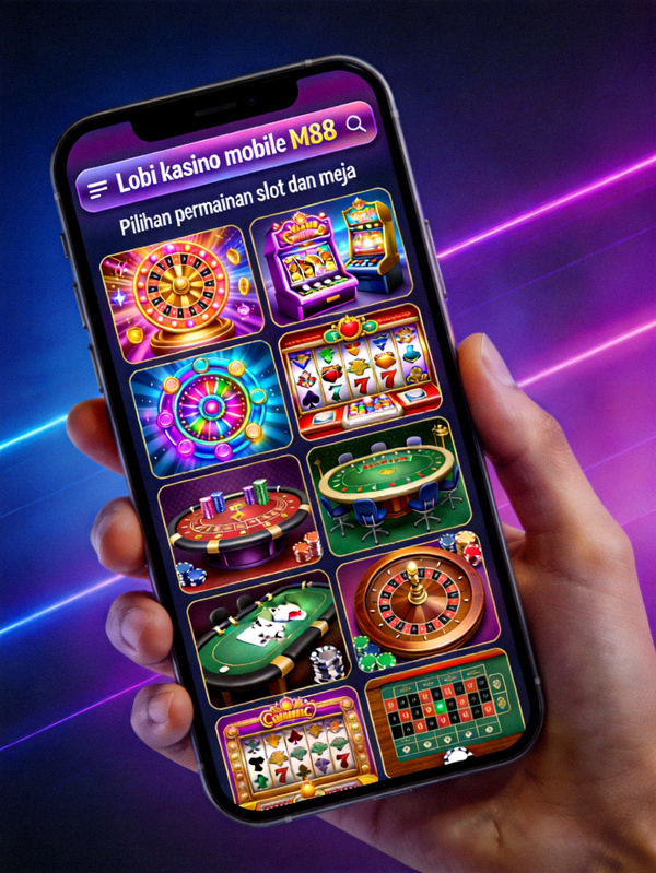 Lobi kasino mobile M88 menampilkan berbagai pilihan permainan slot dan meja
