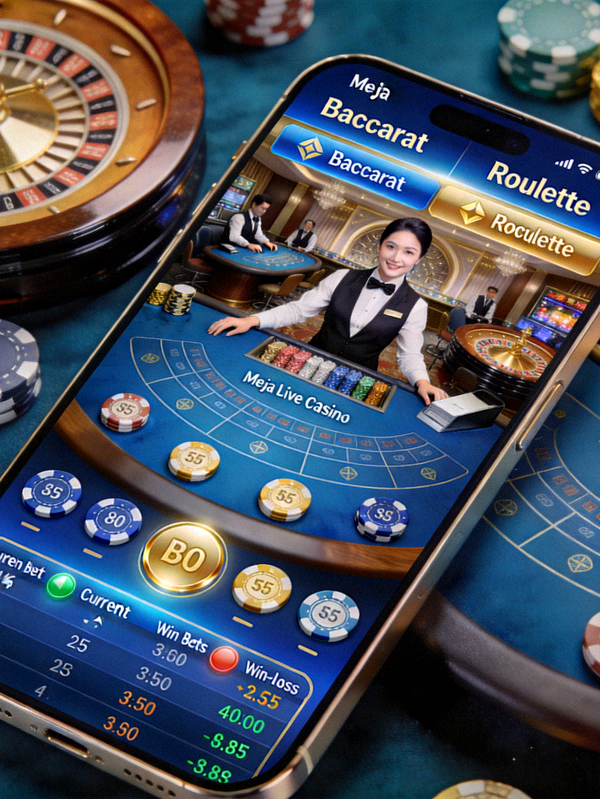 Meja Live Casino seperti Baccarat atau Roulette yang ditampilkan di layar ponsel