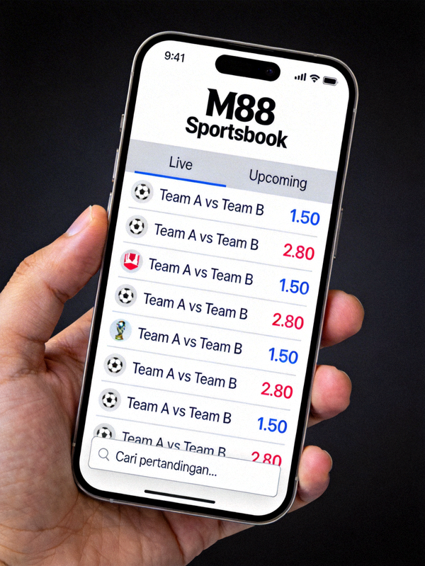Tampilan Sportsbook M88 di ponsel dengan daftar pertandingan dan odds yang jelas